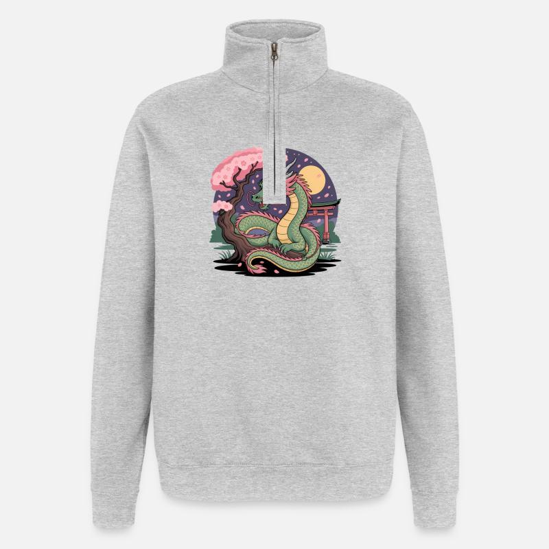 Drache Sakura unter dem Mond - Quarter-Zip-Sweatshirt - Grau meliert