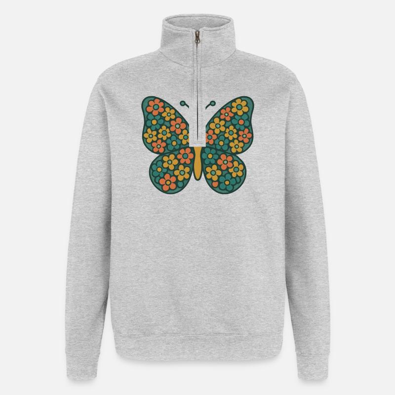 Papillon aux ailes de fleurs - Sweat à zip 1/4 - gris chiné