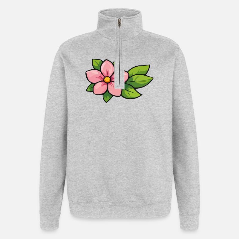 Rosa Blüte mit grünen Blättern - Quarter-Zip-Sweatshirt - Grau meliert