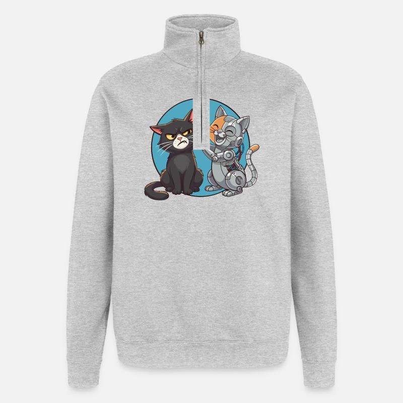 Neugierige Katze und Roboter - Quarter-Zip-Sweatshirt - Grau meliert