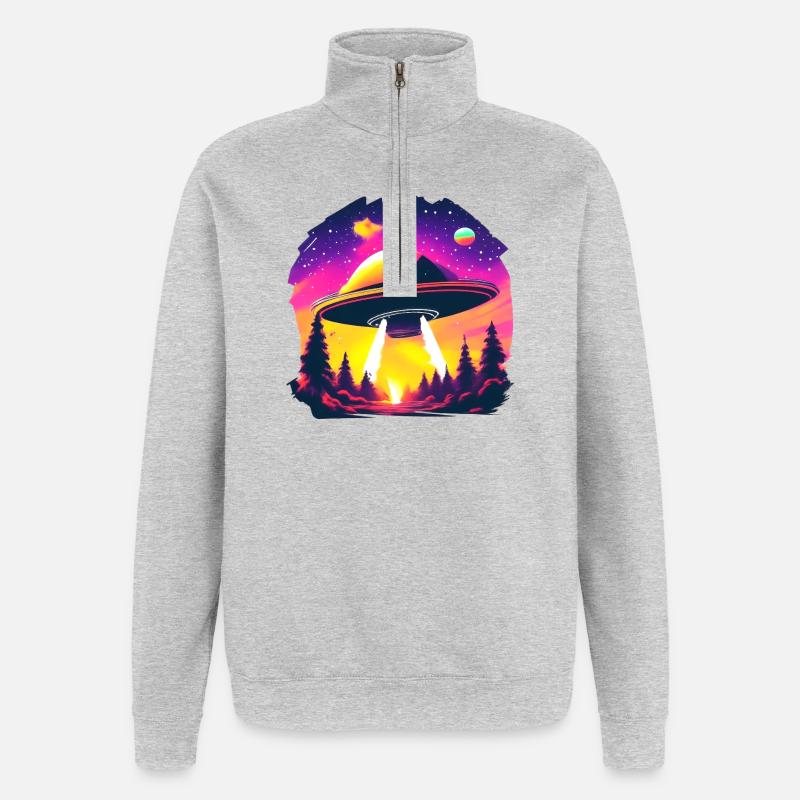 Neon-UFO über Neonwald - Quarter-Zip-Sweatshirt - Grau meliert