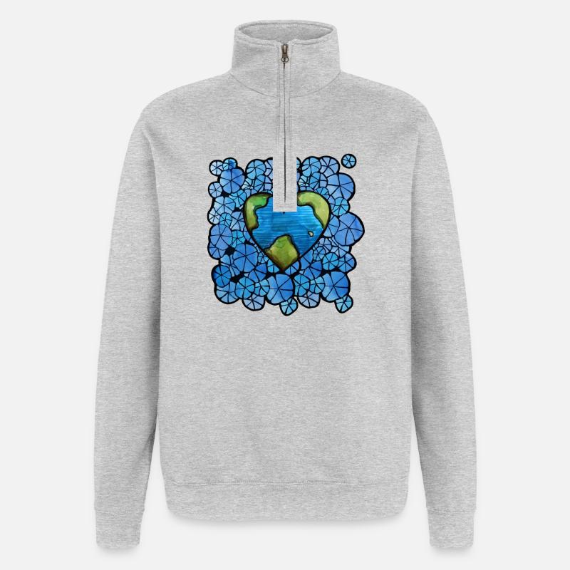 Erdherz in blauer Blumenumlaufbahn - Quarter-Zip-Sweatshirt - Grau meliert