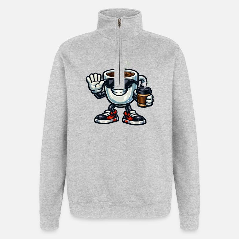 Kaffee-Maskottchen mit Sonnenbrille - Quarter-Zip-Sweatshirt - Grau meliert
