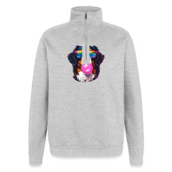 Bunter Berner Sennenhun mit Bubblegum-Sonnenbrille - Quarter-Zip-Sweatshirt - Grau meliert - Vorne - AI Model Female 172 light (172cm) & AI Model Male 178 dark (178cm)