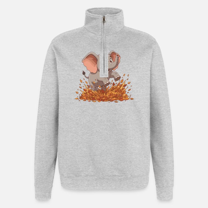 Fröhlicher Elefant im Herbstlaub - Quarter-Zip-Sweatshirt - Grau meliert