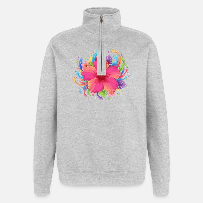 Hibiskusblüte Farbexplosion - Quarter-Zip-Sweatshirt - Grau meliert