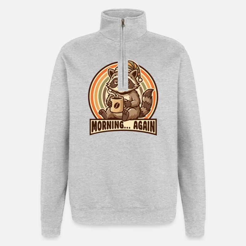 Morgenmuffel Waschbär mit Kaffee - Quarter-Zip-Sweatshirt - Grau meliert