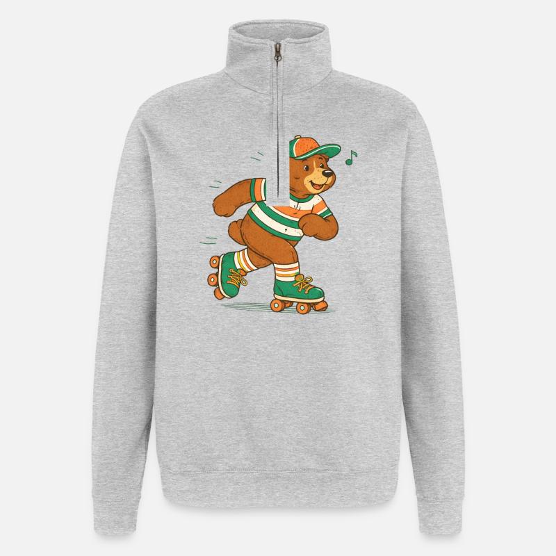 Retro Bär auf Rollschuhen - Quarter-Zip-Sweatshirt - Grau meliert