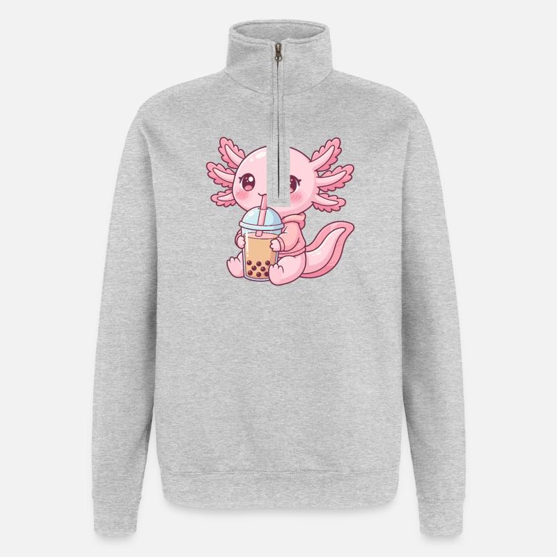 Axolotl rose Kawaii Bubble Tea - Sweat à zip 1/4 - gris chiné