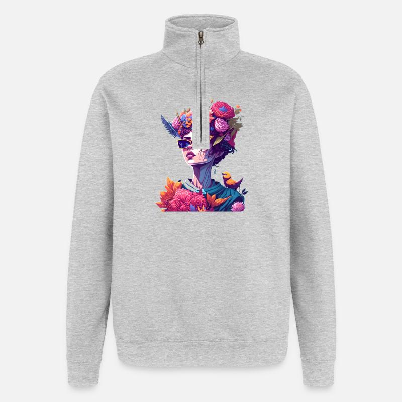 Blütenkönigin in Neon - Quarter-Zip-Sweatshirt - Grau meliert