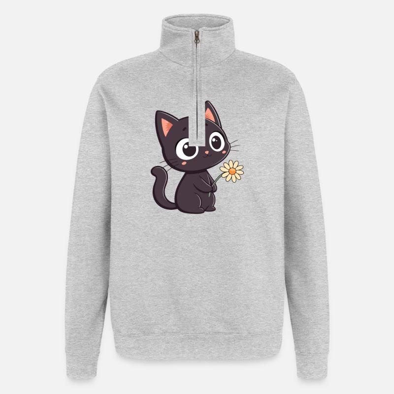 Schwarze Katze und Gänseblümchen - Quarter-Zip-Sweatshirt - Grau meliert
