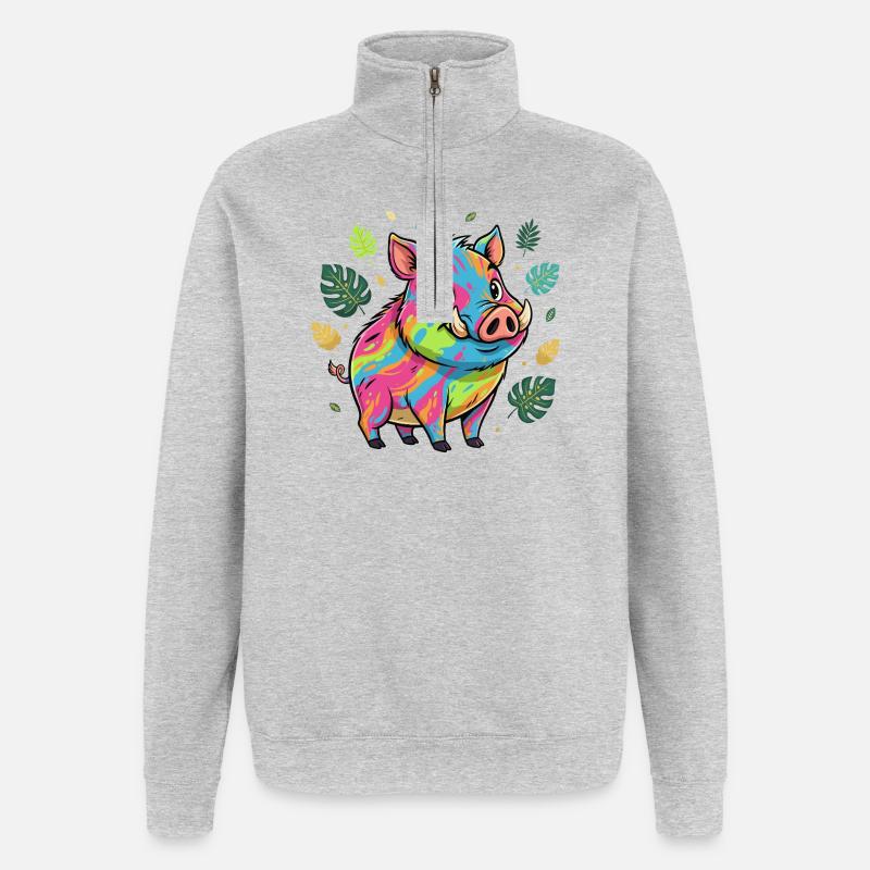 Cochon arc-en-ciel aux feuilles d’automne - Sweat à zip 1/4 - gris chiné