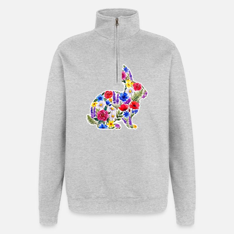 Hase Silhouette Blumen Bunt - Quarter-Zip-Sweatshirt - Grau meliert