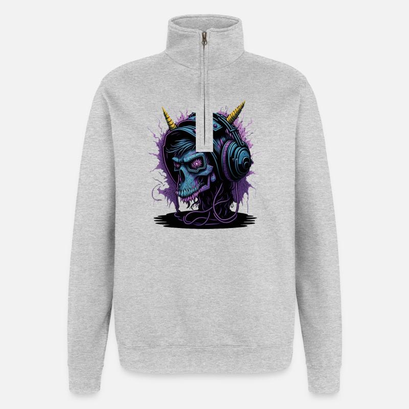 Neon Skull mit Kopfhörern DJ - Quarter-Zip-Sweatshirt - Grau meliert