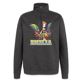 Emilia - nom de jeune fille - fée - Sweat à zip 1/4 - charbon - Devant - AI Model Female 172 light (172cm) & AI Model Male 178 dark (178cm)