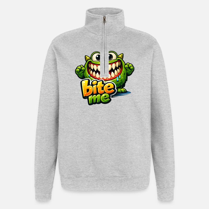 Dessin animé Monstre Drôle Vert BiteMe - Sweat à zip 1/4 - gris chiné