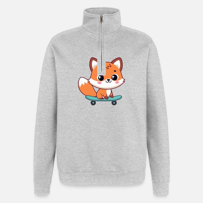 Kawaii Fox auf Skateboard - Quarter-Zip-Sweatshirt - Grau meliert