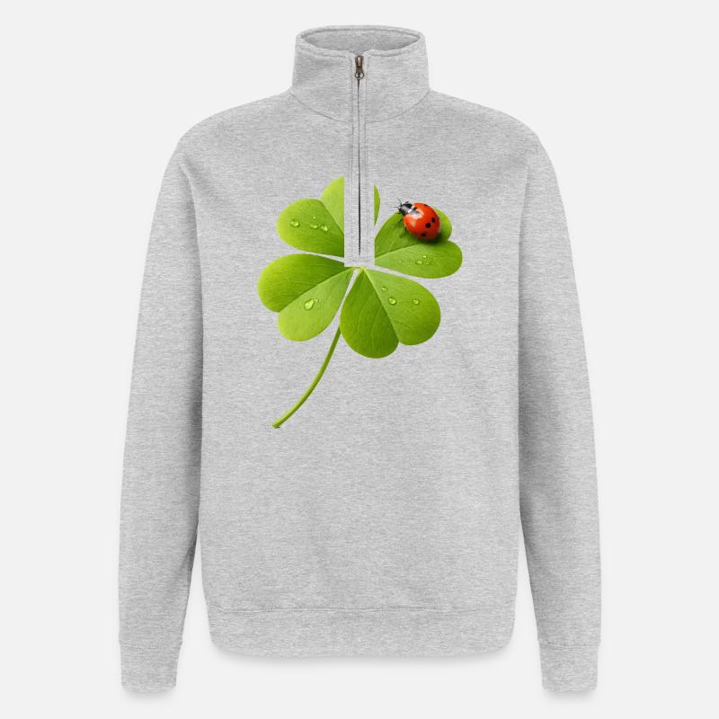 Vierblättriger Klee mit Marienkäfer  - Quarter-Zip-Sweatshirt - Grau meliert