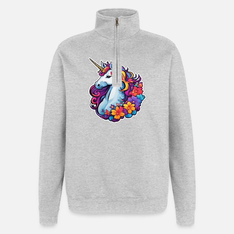 Regenbogenblumen-Einhorn - Quarter-Zip-Sweatshirt - Grau meliert