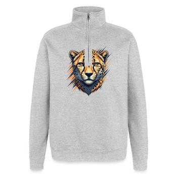 Style Pinceau Néon Tête de Guépard - Sweat à zip 1/4 - gris chiné - Devant - AI Model Female 172 light (172cm) & AI Model Male 178 dark (178cm)