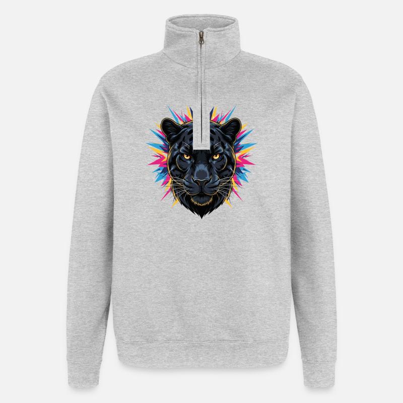 Neon Panther Kopf mit Farbspritzern - Quarter-Zip-Sweatshirt - Grau meliert