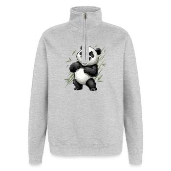 Lachender Panda im Bambus-Panorama - Quarter-Zip-Sweatshirt - Grau meliert - Vorne - AI Model Female 172 light (172cm) & AI Model Male 178 dark (178cm)