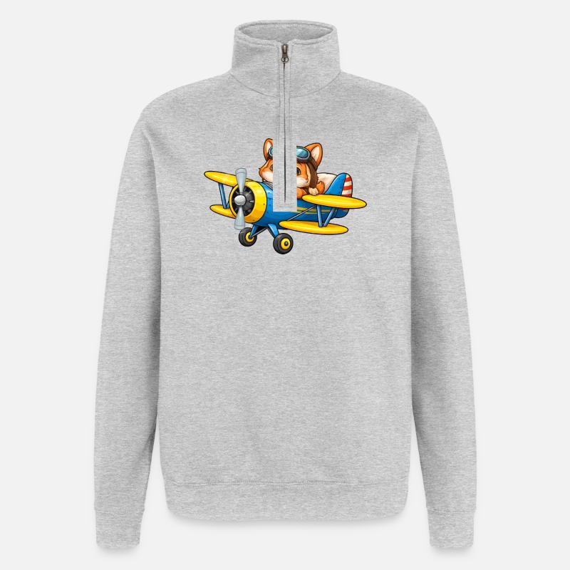 Dessin animé Fox Pilot Biplane Avion - Sweat à zip 1/4 - gris chiné