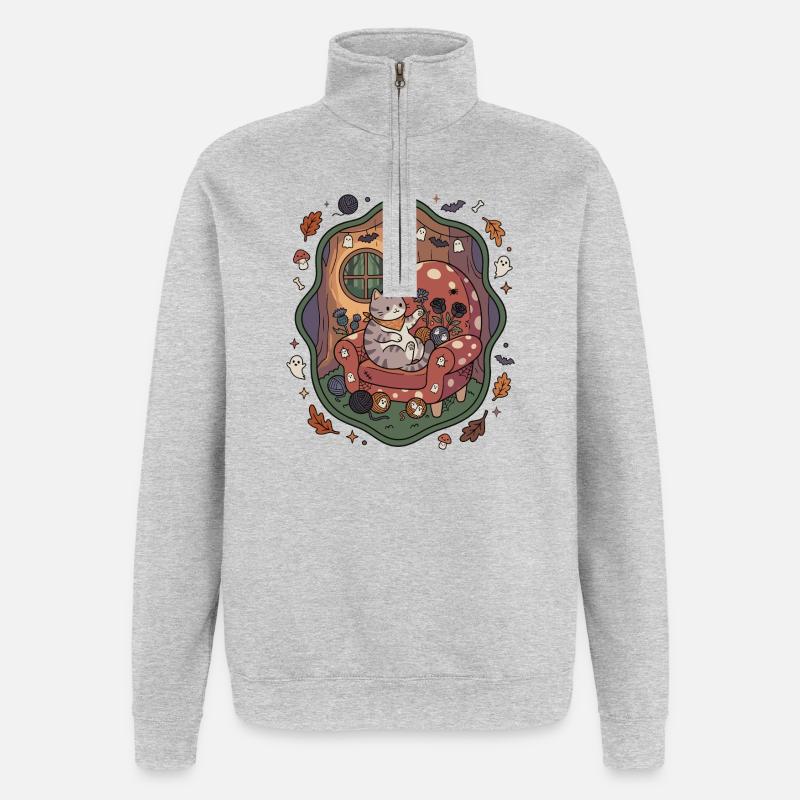 Katze Halloween Wohnzimmer Herbst - Quarter-Zip-Sweatshirt - Grau meliert