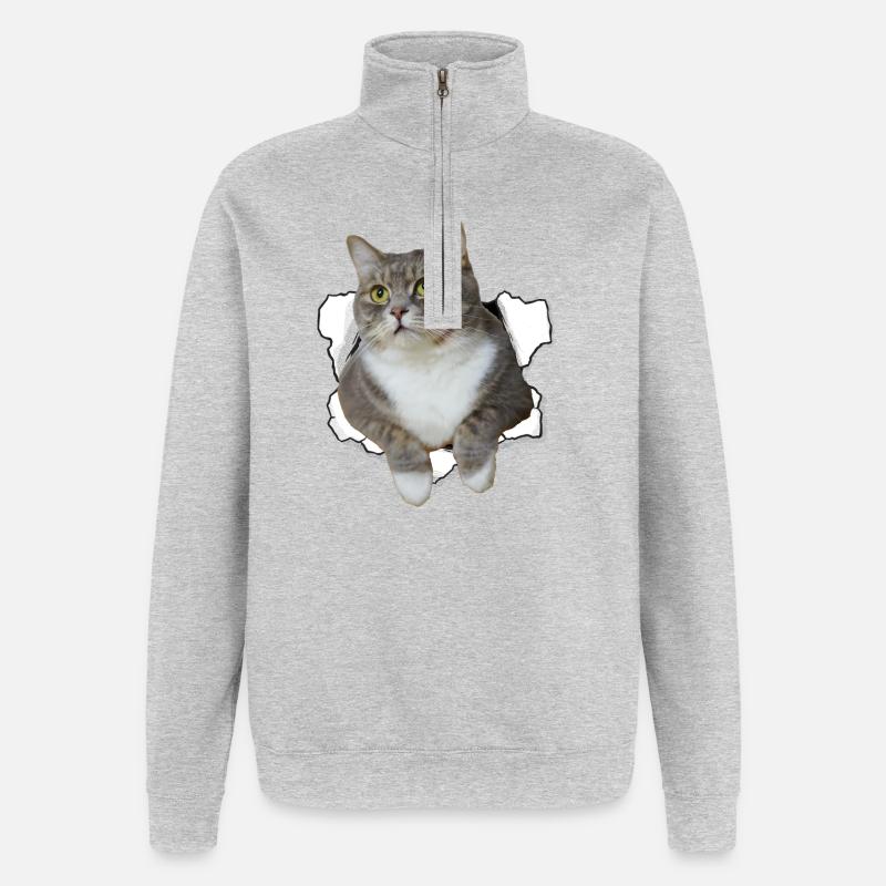 Chat mignon qui sort du trou - Dessin drôle de chat - Sweat à zip 1/4 - gris chiné