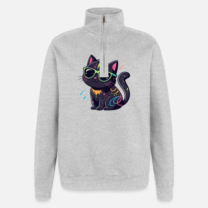 Neonschwarze Katze und Brille - Quarter-Zip-Sweatshirt - Grau meliert