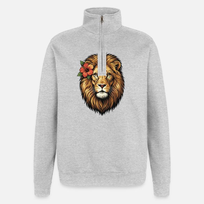 Tête de lion avec fleur d’hibiscus - Sweat à zip 1/4 - gris chiné