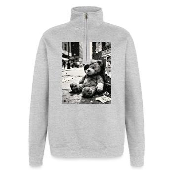 Ours en peluche Urban Noir en ruines - Sweat à zip 1/4 - gris chiné - Devant - AI Model Female 172 light (172cm) & AI Model Male 178 dark (178cm)