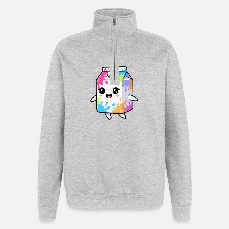 Bunter Milchkarton Kawaii - Quarter-Zip-Sweatshirt - Grau meliert