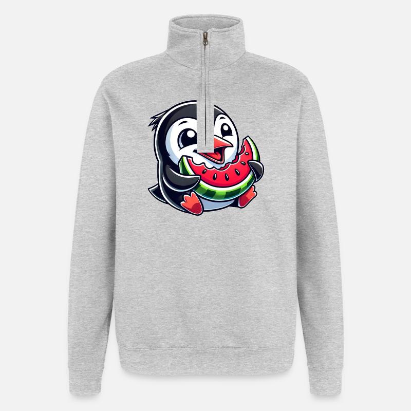 Pingouin avec pastèque fruit d’été - Sweat à zip 1/4 - gris chiné