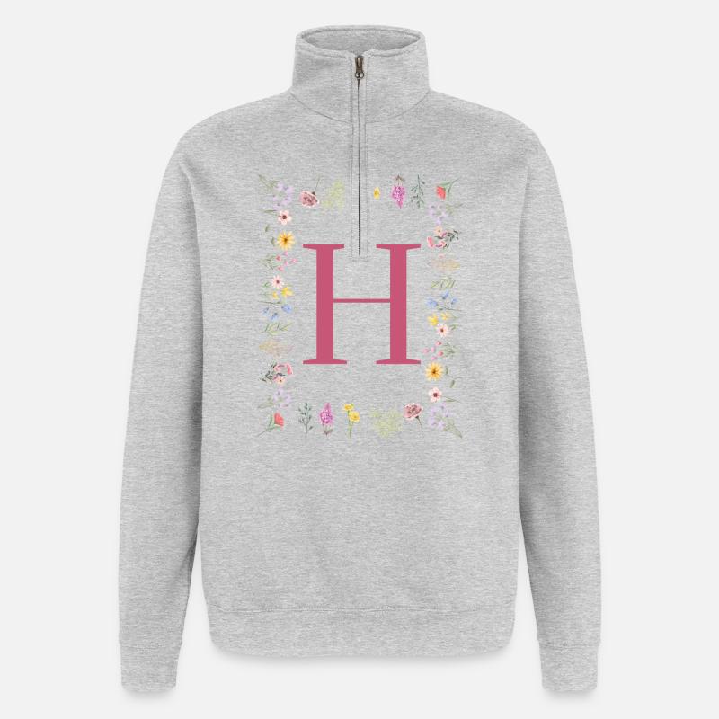 Florale Initialen "H", Buchstaben Monogramm - Quarter-Zip-Sweatshirt - Grau meliert