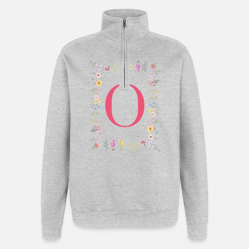 Florale Initialen "O", Buchstaben Monogramm  - Quarter-Zip-Sweatshirt - Grau meliert