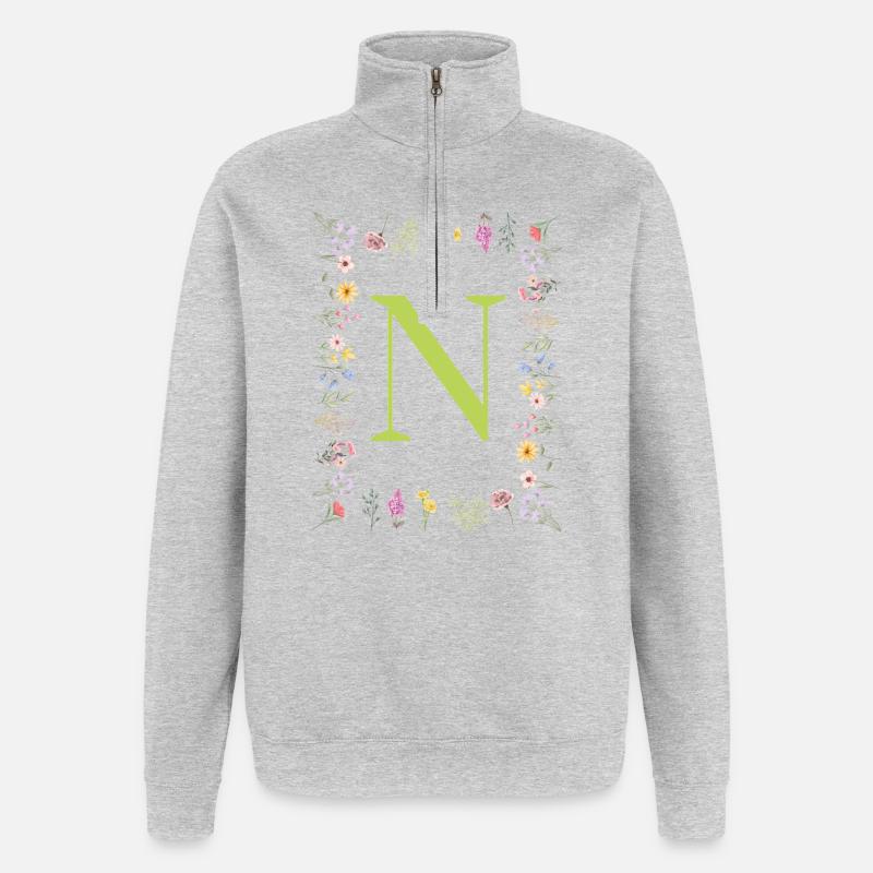 Initiales florales « N », Lettres monogrammes - Sweat à zip 1/4 - gris chiné