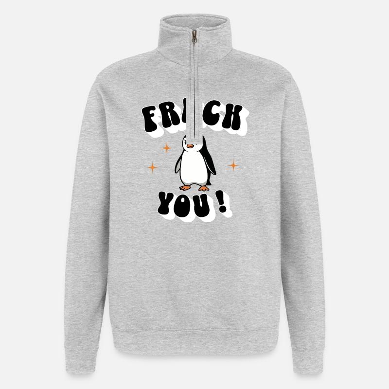 „Frack you“ – Der freche Pinguin - Quarter-Zip-Sweatshirt - Grau meliert