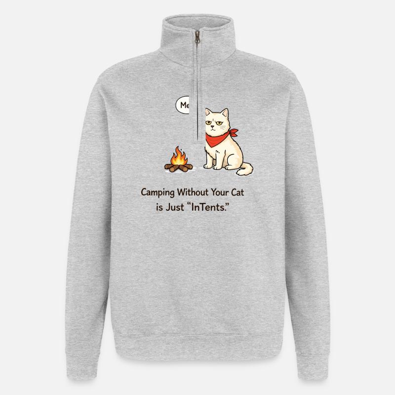 InTent Cat Camping Wortspieldesign - Quarter-Zip-Sweatshirt - Grau meliert