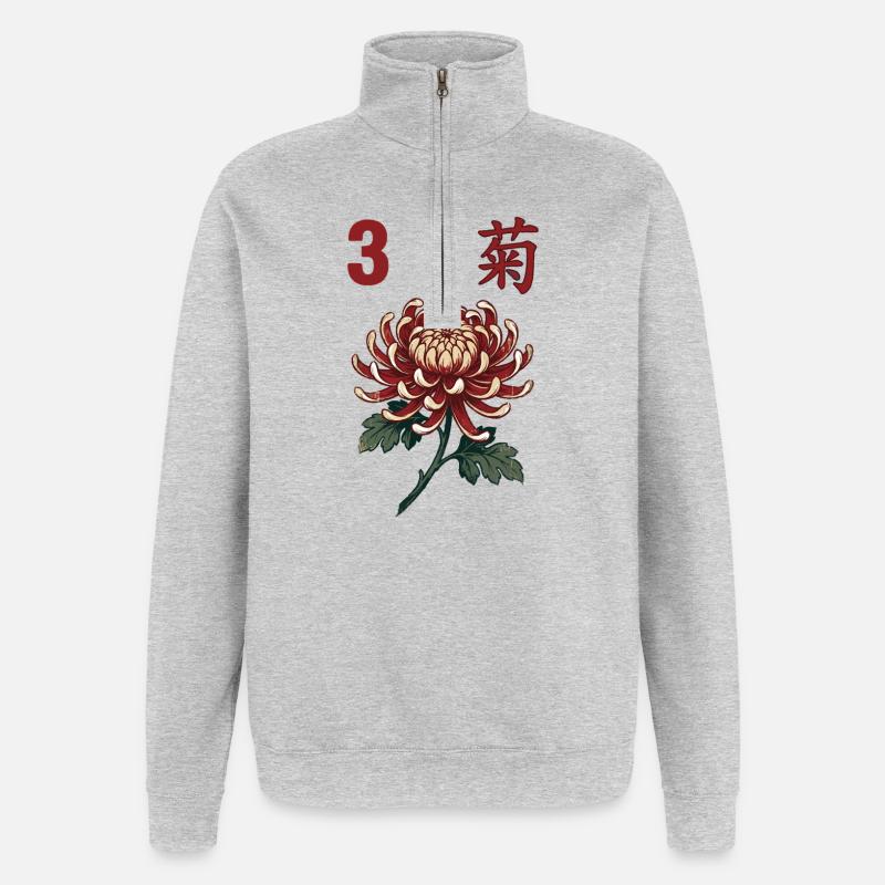 3 Mahjong-Blumenfliese - Quarter-Zip-Sweatshirt - Grau meliert