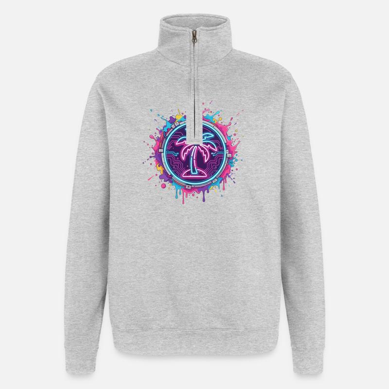 Neon palm tree in cyber circle - Quarter-Zip Sweatshirt - heather grey