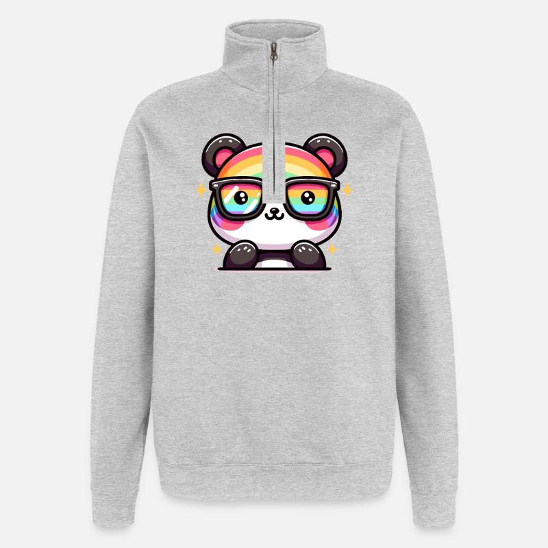 Regenbogen Panda mit Sonnenbrille - Quarter-Zip-Sweatshirt - Grau meliert