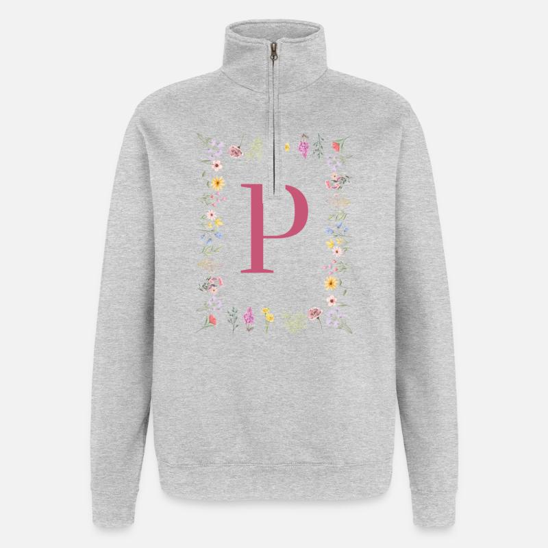 Florale Initialen "P", Buchstaben Monogramm - Quarter-Zip-Sweatshirt - Grau meliert