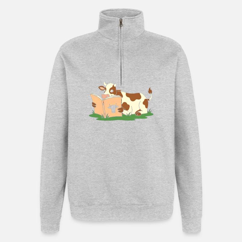 Vache qui lit dans l’herbe - Sweat à zip 1/4 - gris chiné