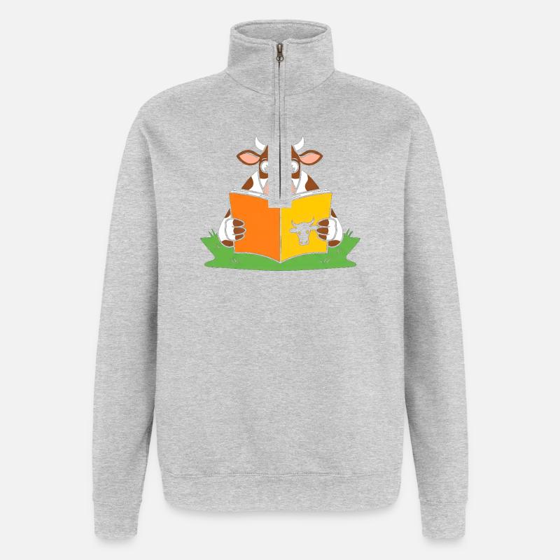 Læsende ko i bånd - Sweatshirt med 1/4 lynlås - grå meleret