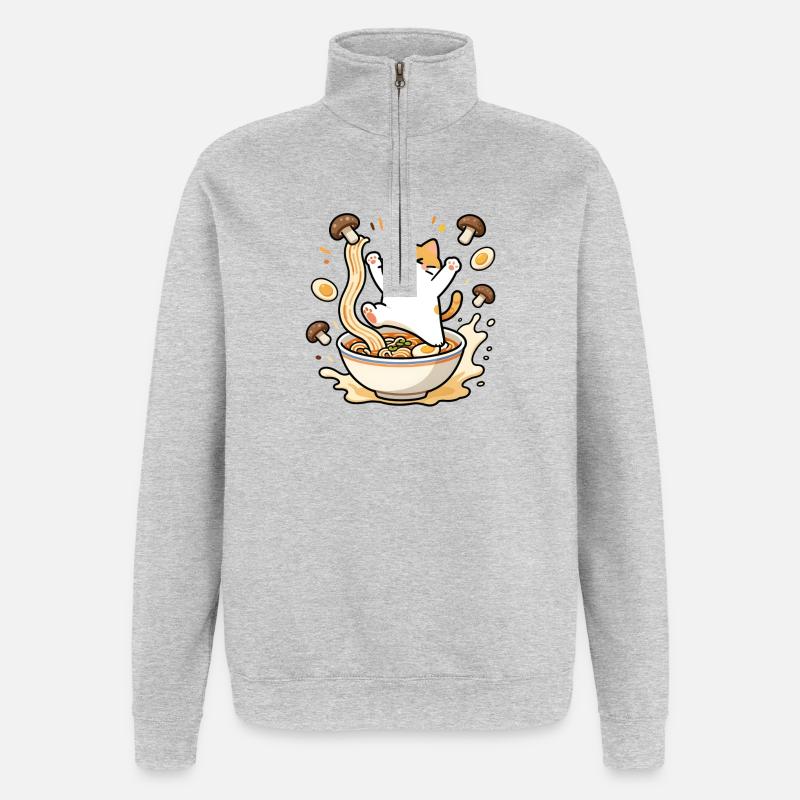 Chat ramen joyeux - Sweat à zip 1/4 - gris chiné