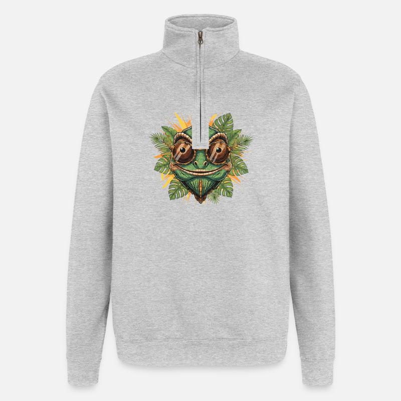 Caméléon à lunettes dans la jungle - Sweat à zip 1/4 - gris chiné