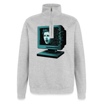 Retro-Computer Schrecken-  Retroglitch KI - Quarter-Zip-Sweatshirt - Grau meliert - Vorne - AI Model Female 172 light (172cm) & AI Model Male 178 dark (178cm)