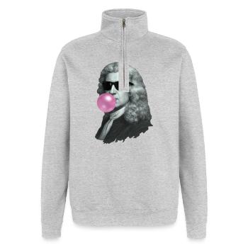 Isaac Newton mit Kaugummi und Sonnenbrille - Quarter-Zip-Sweatshirt - Grau meliert - Vorne - AI Model Female 172 light (172cm) & AI Model Male 178 dark (178cm)