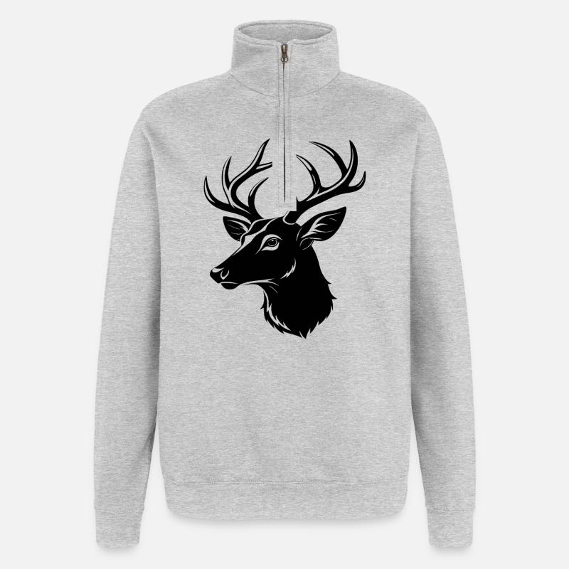 Tête de cerf de Virginie - Sweat à zip 1/4 - gris chiné